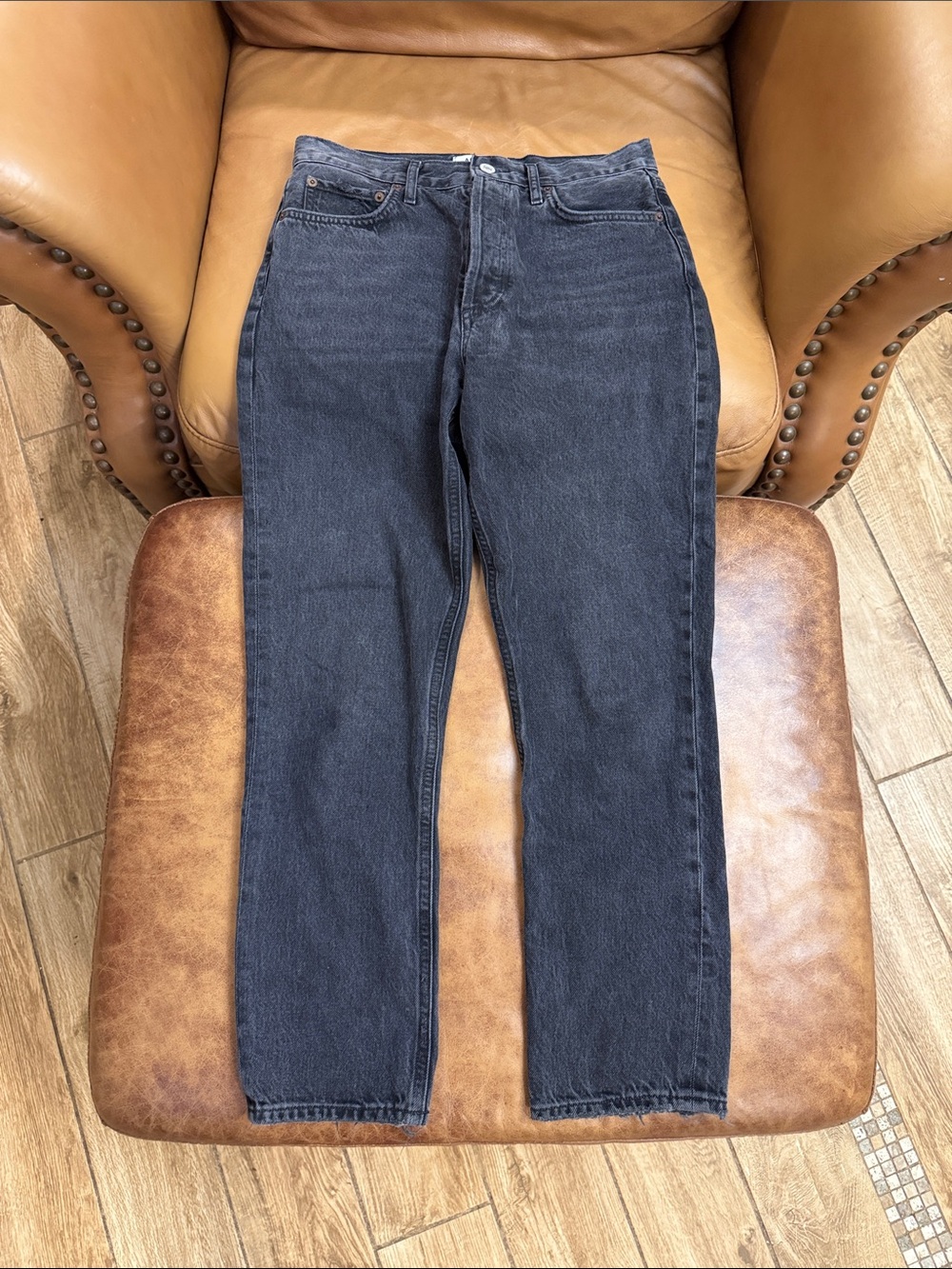 AGOLDE RILEY HIGH RISE STRAIGHT CROP STRETCH 26 PANORAMIC BLACK DENIM DISTRESSED - Picture 2 of 8